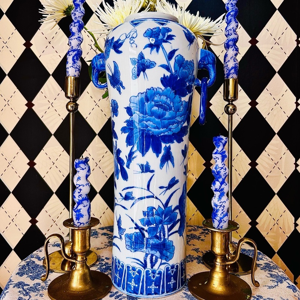 Blue & White Tall Porcelain Vase‎ with Peony & Butterfly Luxury Chinoiserie